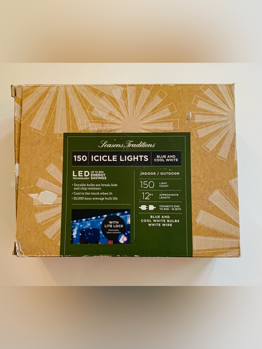 Seasons Tradition Blue White LED Icicle String Lights White Wire Christmas 12 ft